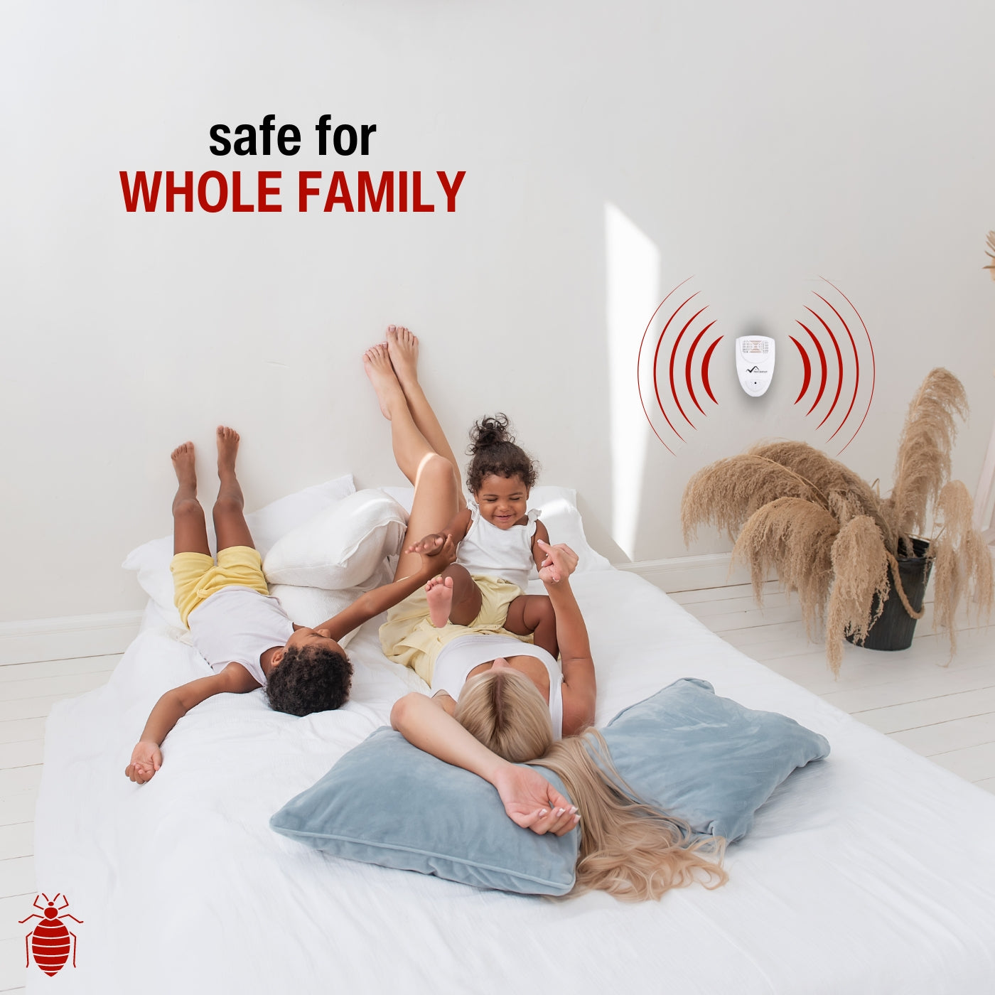 happy family on a bed with an ultrasonic bedbug repeller on the wall